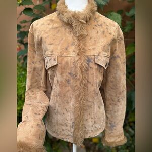 Coldwater Creek Speckled Tan Animal Print Fur Trim Jacket Size XL